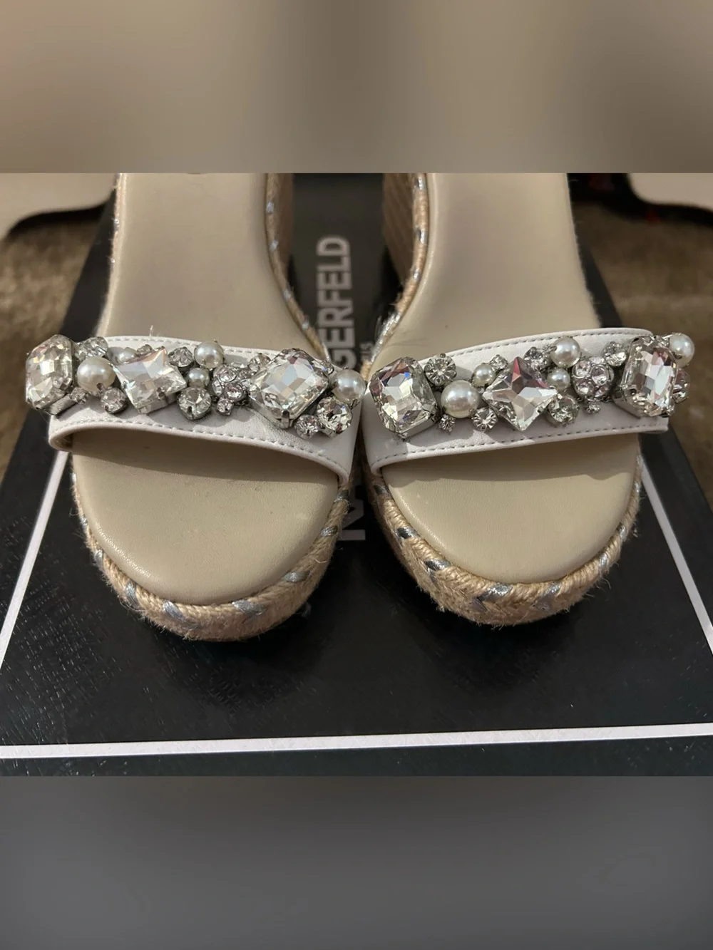 Karl Lagerfeld Ivory Crystal-Pearl Ankle-Strap Wedge Sandals